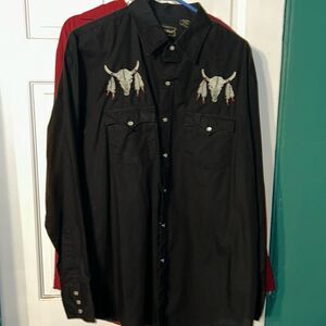 VTG Cow Skull feathers, black pearl snap embroidered dress shirt large